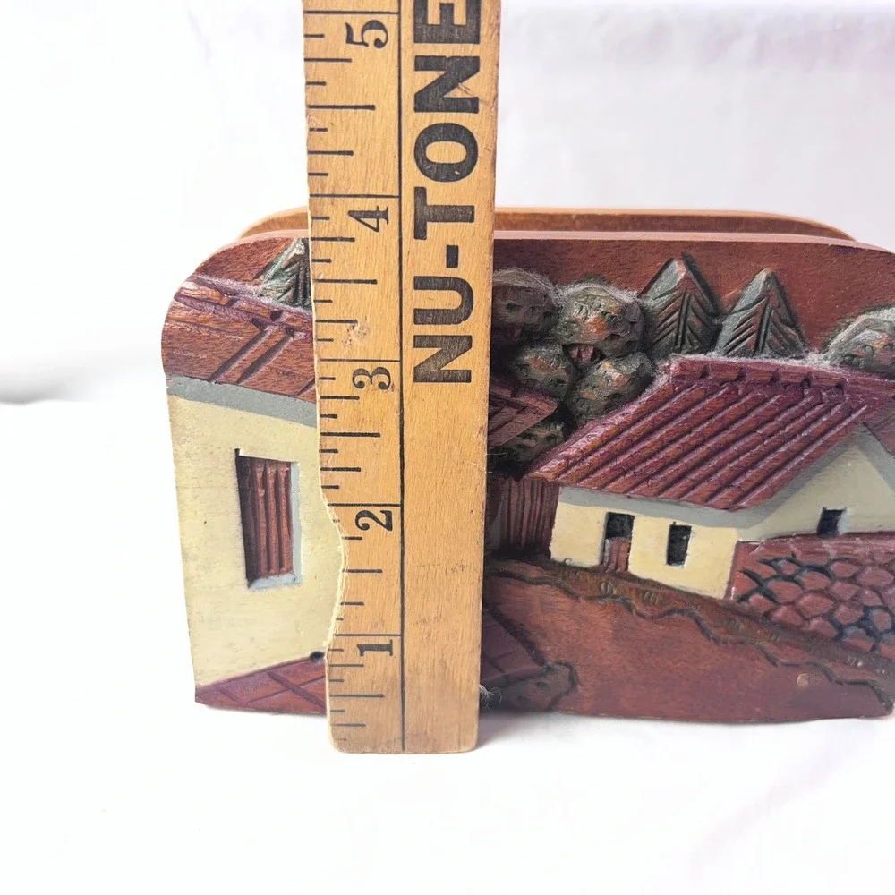 Vintage Hand Carved Wood Village Napkin Holder Letter Organizer Folk Art 6x4